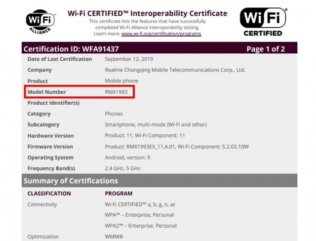 Certification Realme RMX1993 Wi-Fi