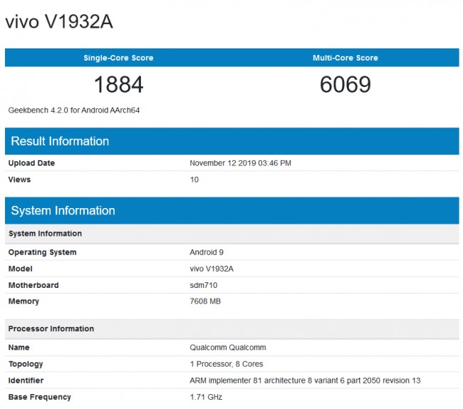 Vivo S5 avec 8 Go de RAM et Snapdragon 712 répertoriés sur Geekbench