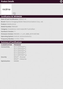 Certifications Wi-Fi: Realme RMX2061