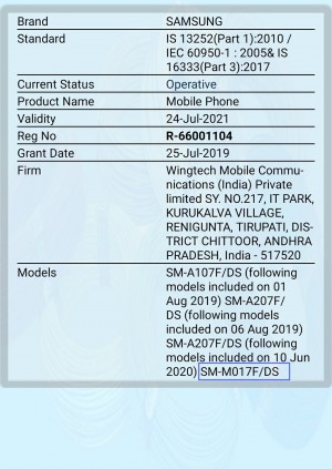 Certification Samsung Galaxy M01s BIS