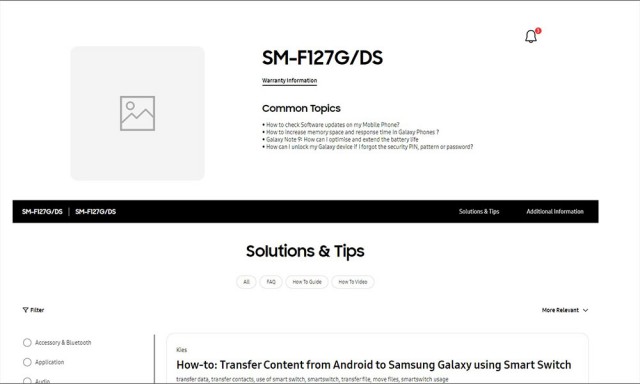 Page d'assistance du Samsung Galaxy F12