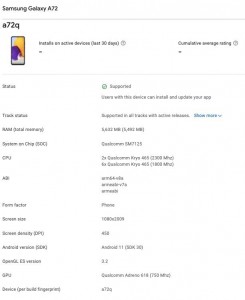 Samsung Galaxy A72 4G: image et spécifications de la console Google Play