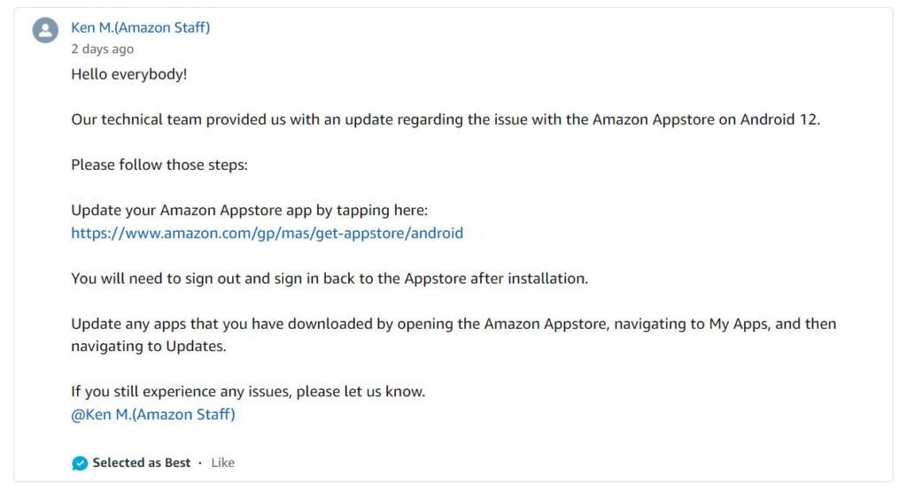 Amazon Appstore ne fonctionne pas avec Android 12