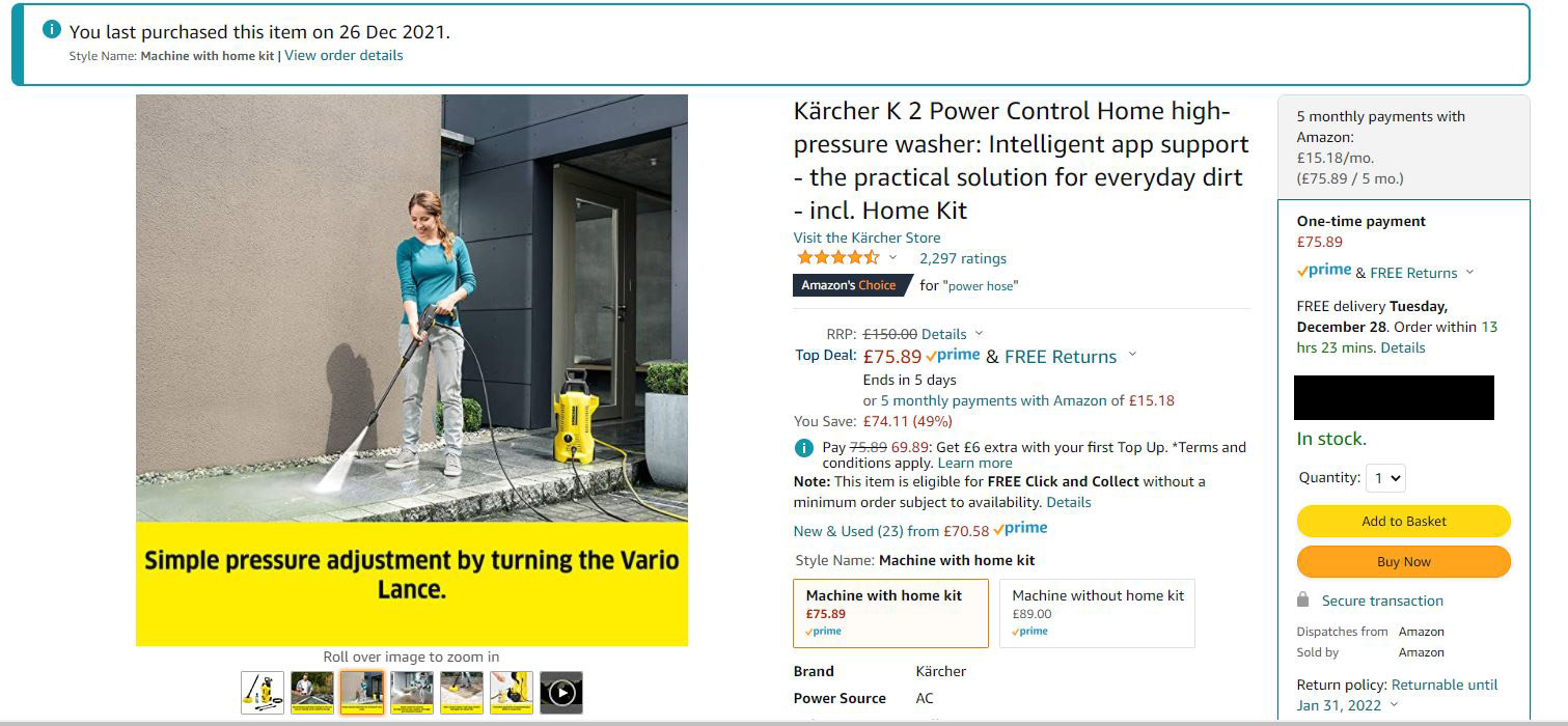 Gareth achète un nettoyeur haute pression sur Amazon