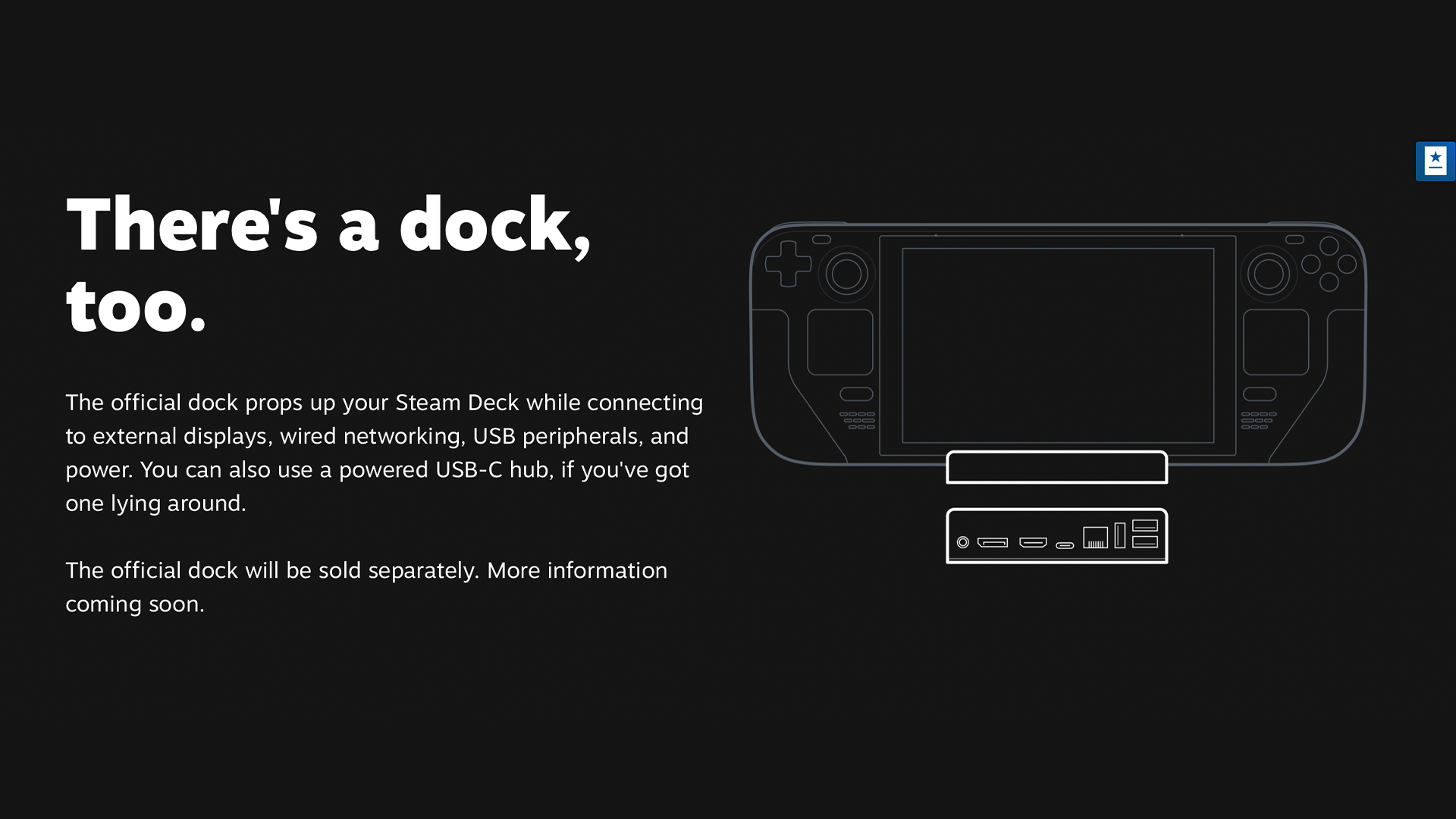 Une bannière expliquant que la station d'accueil Steam Deck fournit l'alimentation, les sorties vidéo et les entrées USB pour votre Steam Deck.