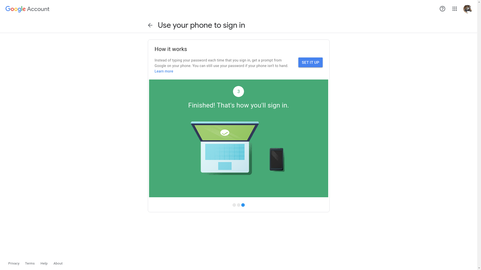Google explique la connexion sans mot de passe et vous invite à commencer à la configurer.