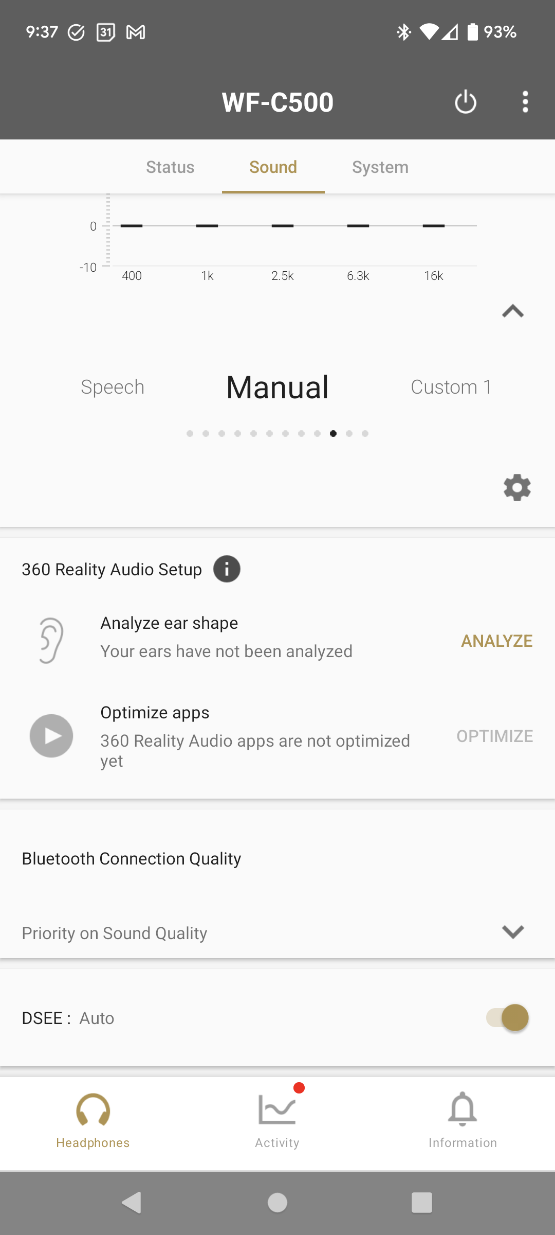 Page Son du casque dans l'application Sony Headphones Connect, montrant l'égaliseur personnalisé.