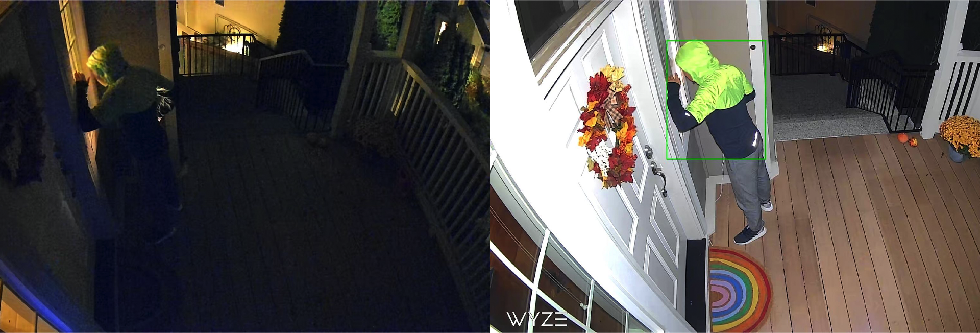 Photos d'un homme frappant à une porte la nuit avec la Wyze Cam Spotlight allumée et éteinte.