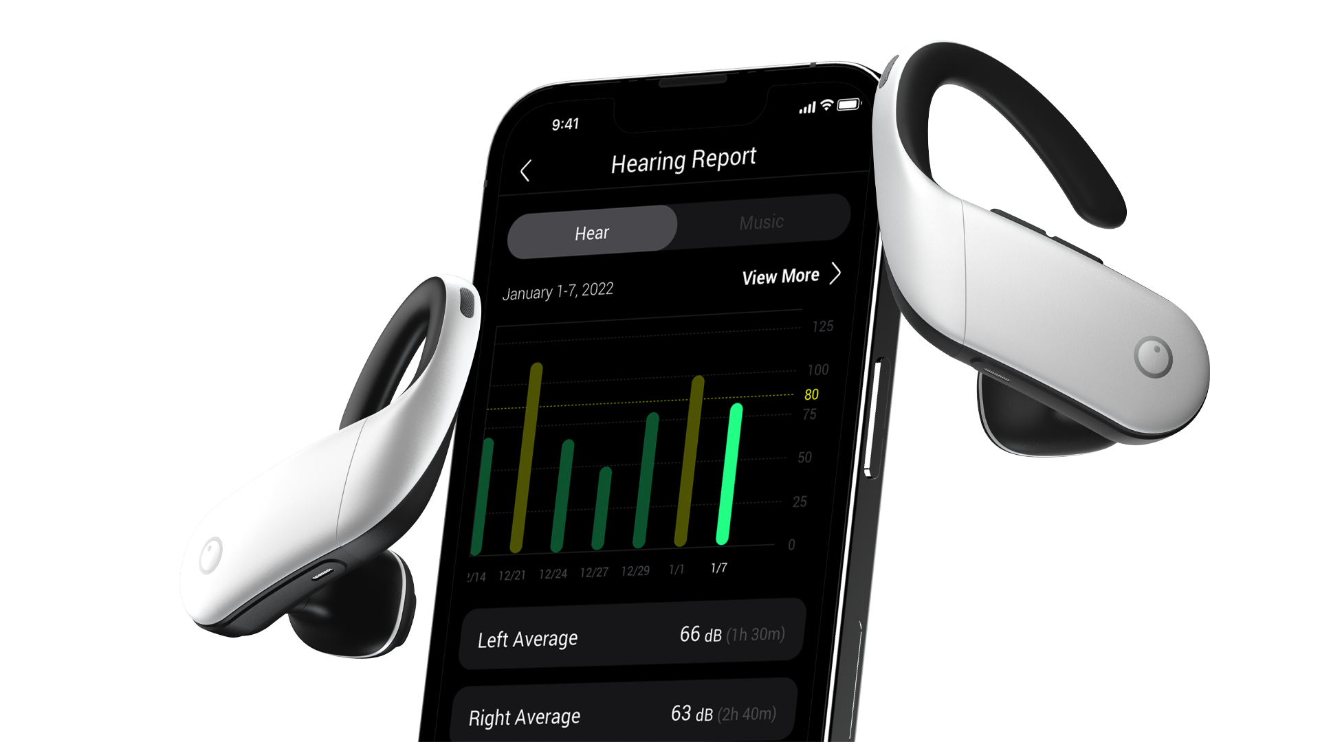 Les aides auditives sans fil Olive Max avec l'application compagnon.