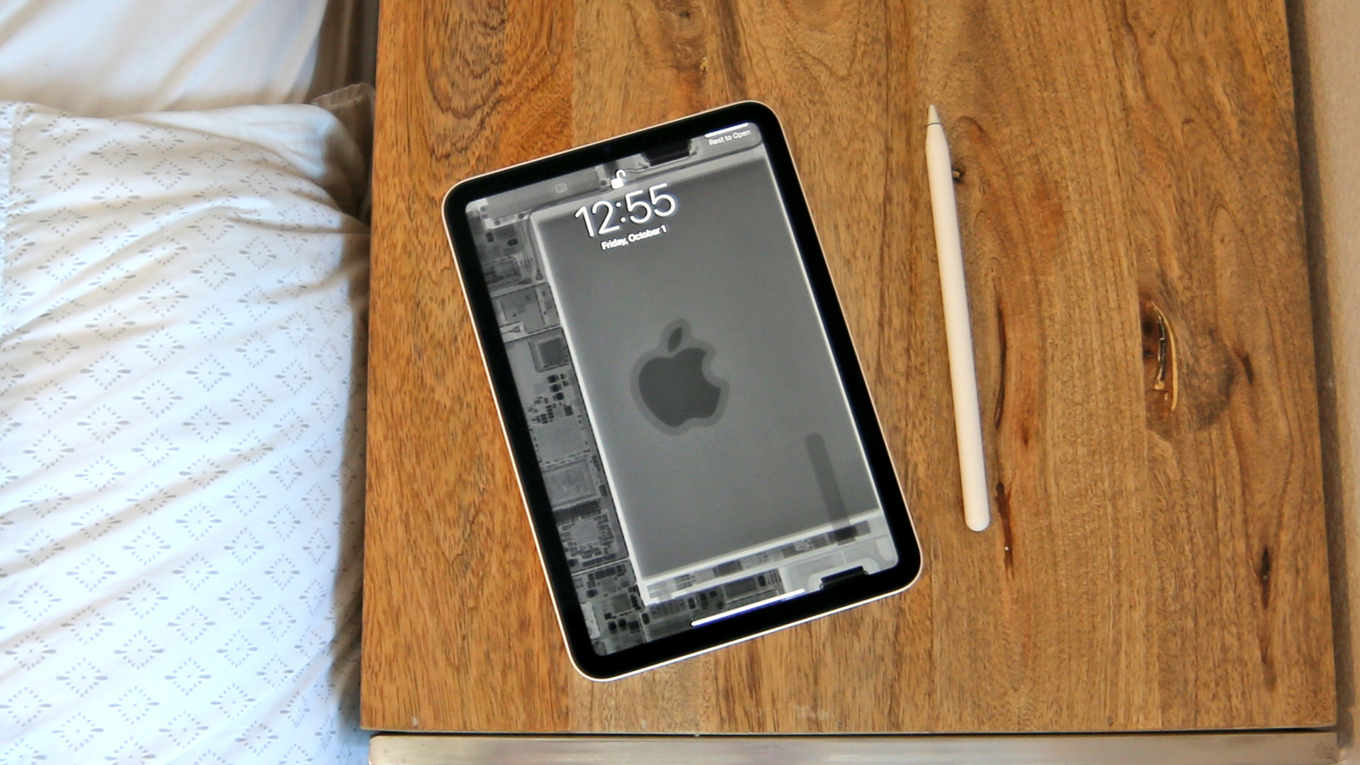 L'iPad Mini 6 avec le fond d'écran radiographique d'iFixit.