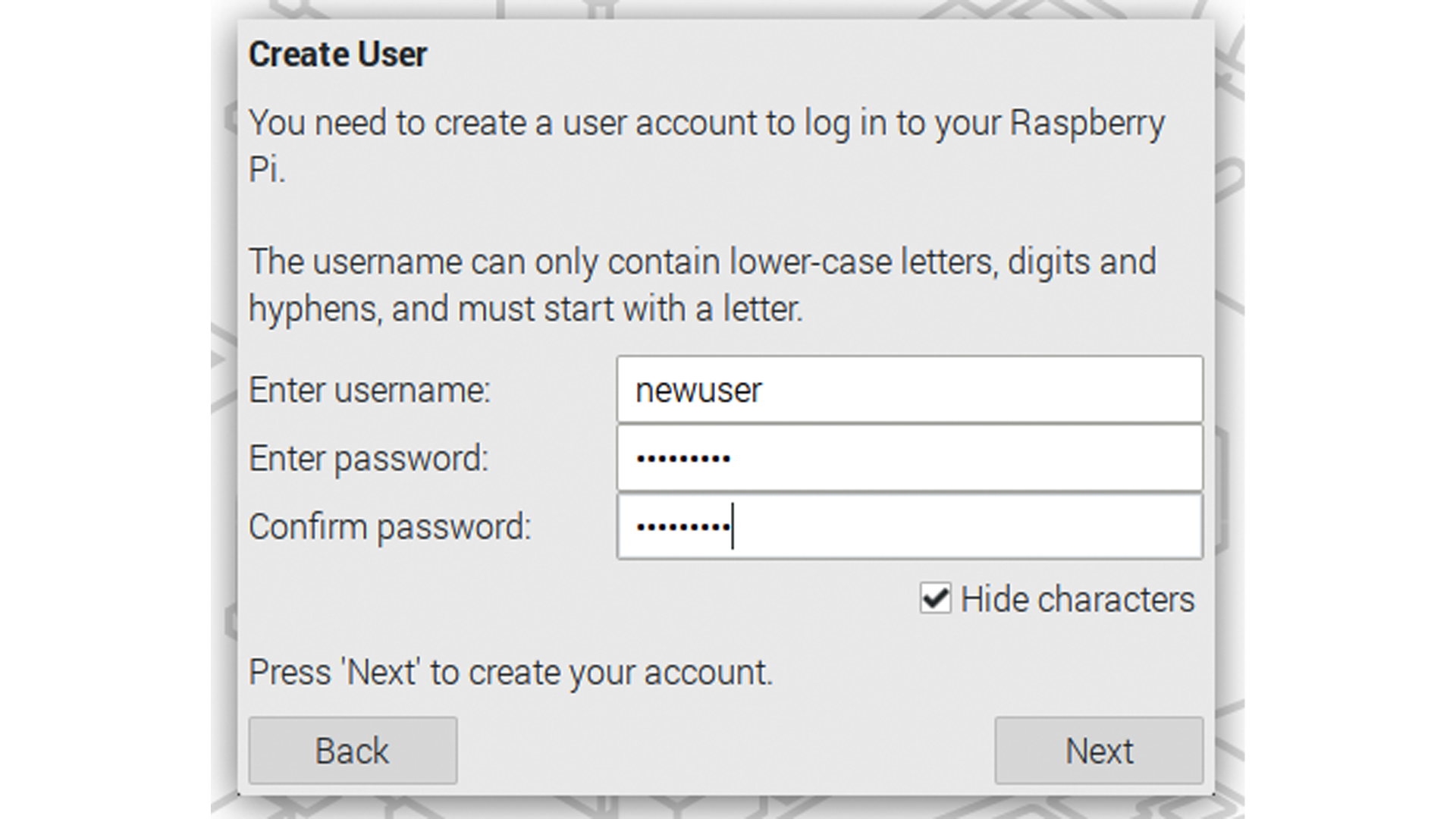 Le nouvel écran de configuration "create user" de Raspberry Pi, qui est maintenant insécable.