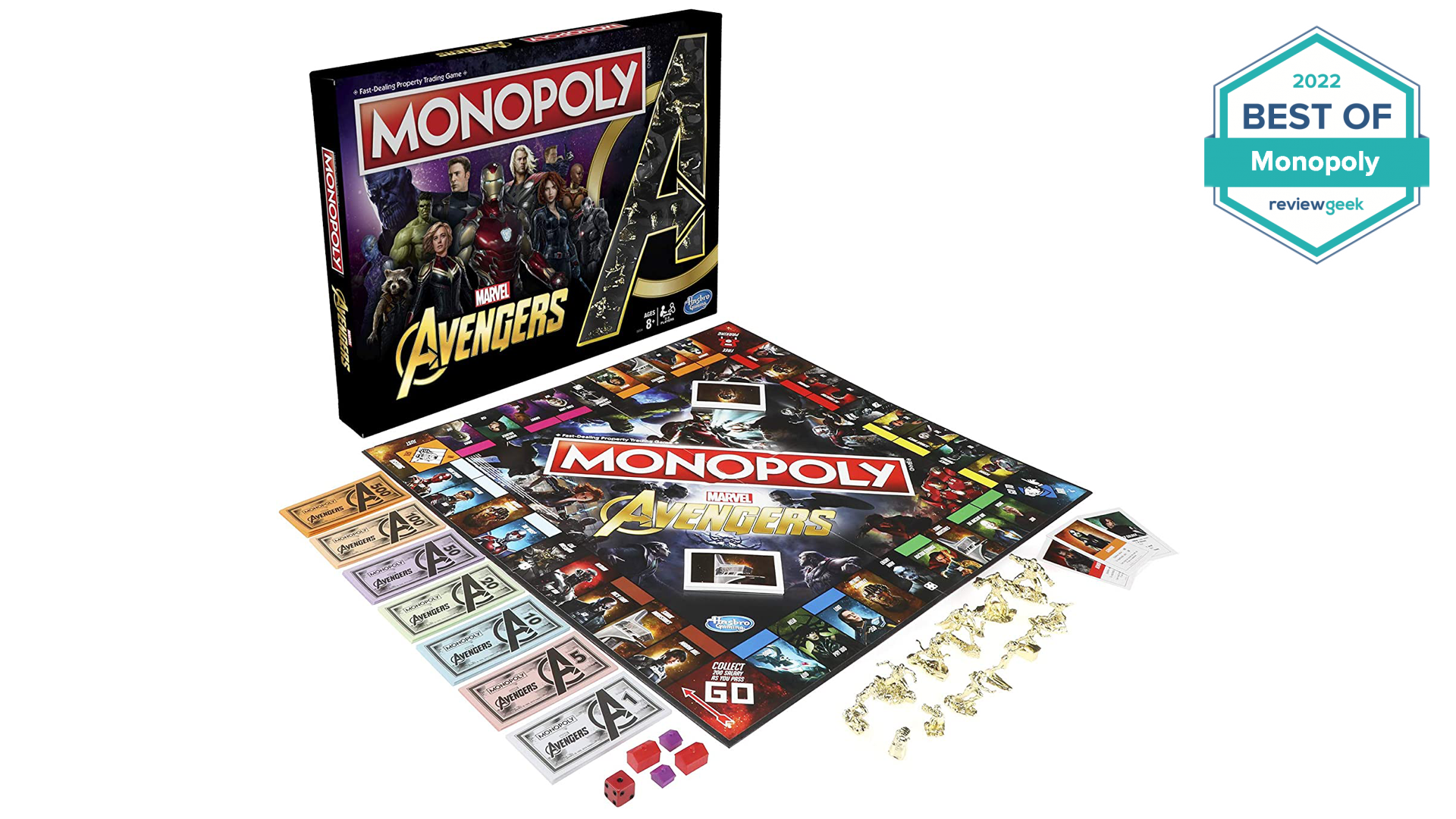 Vue de la boîte du Monopoly Marvel Avengers et des composants du jeu.
