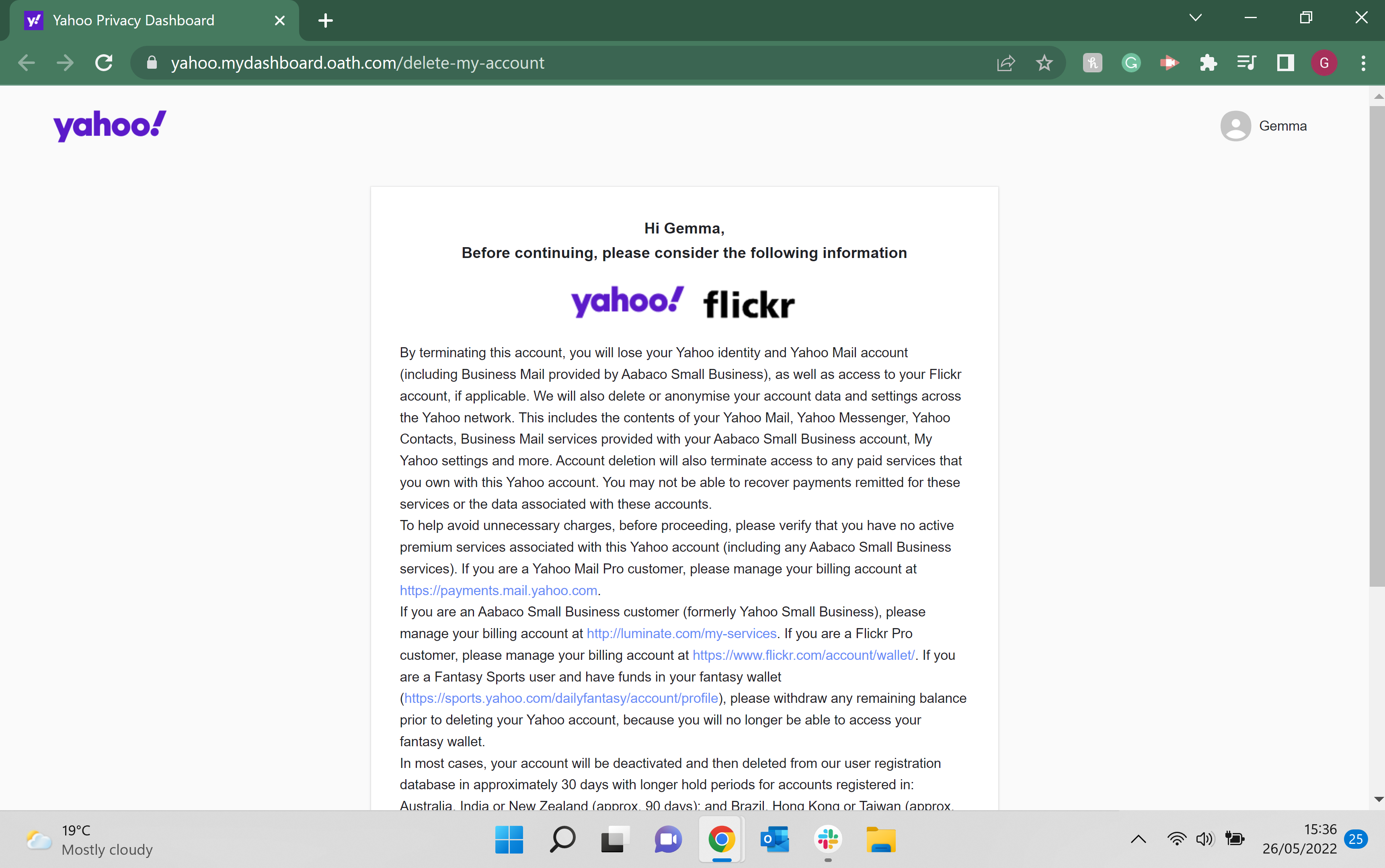 L'avis de contrat pour la suppression de votre compte Yahoo