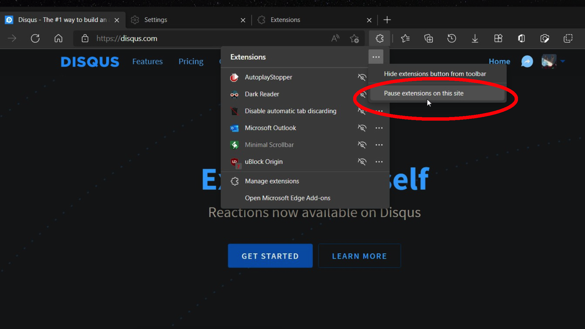 pause extensions sur Edge Canary