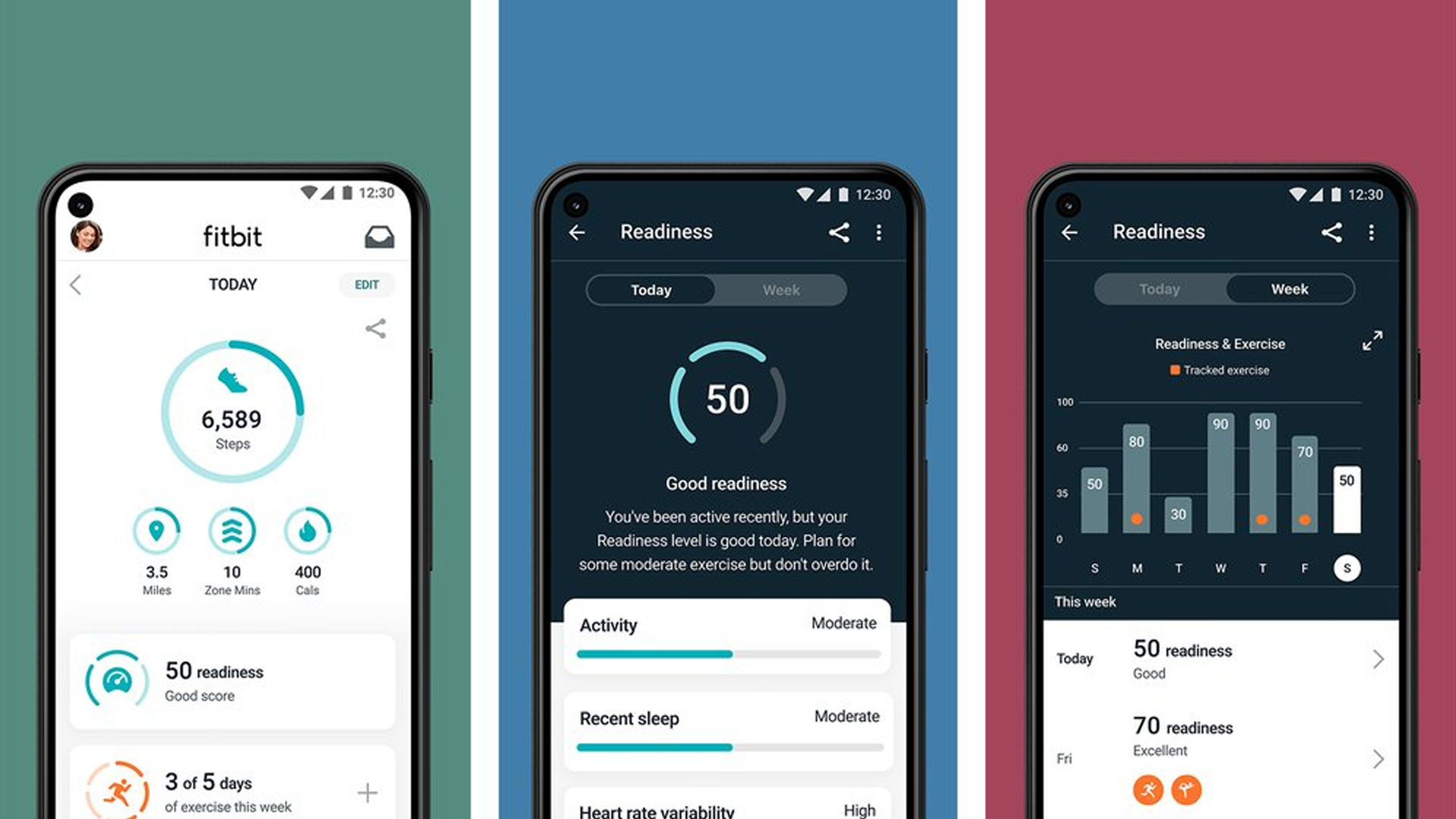 Photos de l'application Fitbit affichant un score de préparation quotidienne et suggérant un exercice modéré.