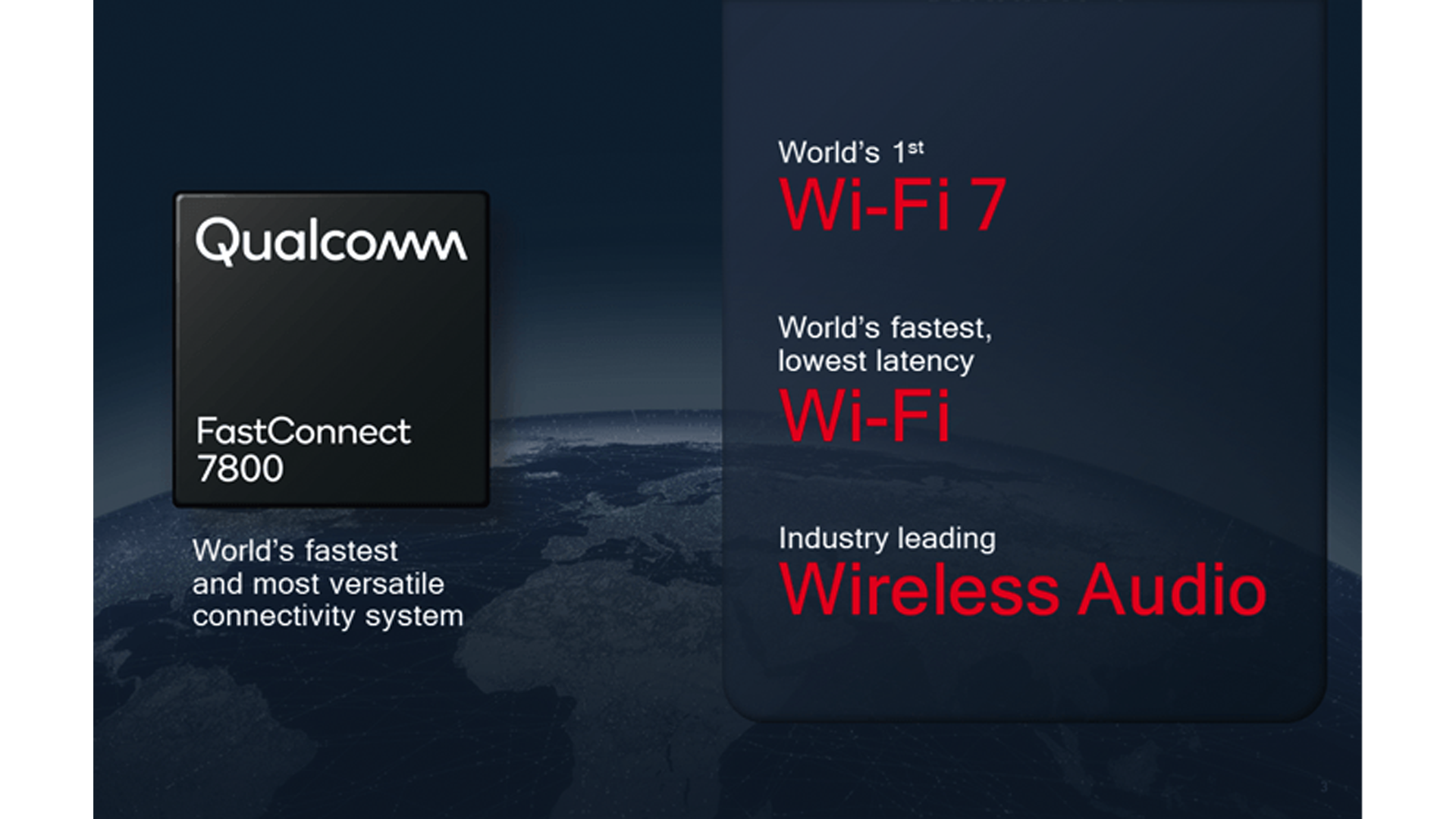 Un tableau expliquant les capacités de la plate-forme Qualcomm Fastconnect 7800, notamment Wi-Fi 7 et Bluetooth à faible latence.